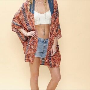 Sloane Rouge Anthropologie NWT Boho Kimono w/ Blue Crochet Lace Trim Size M/L